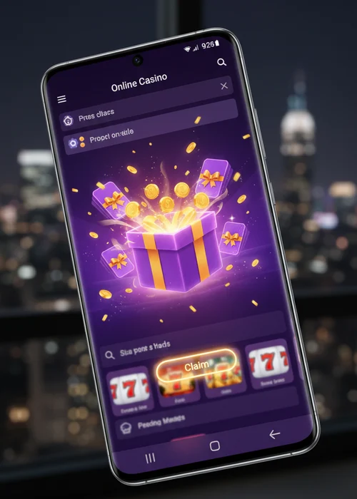 King Spin Casino bonuses banner showing a golden crown, stack of gold coins, and a royal card deck on a purple background, highlighting free spins and match deposit offers.