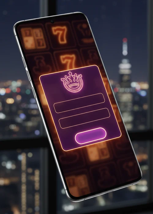 King Spin Casino login interface showing email and password fields, and a background of a royal gaming dashboard with AUD balance